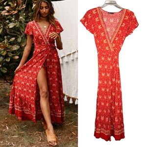 Red Floral Paisley Boho True Wrap Maxi Dress V-Neck Short Sleeve M Beachy Vacay